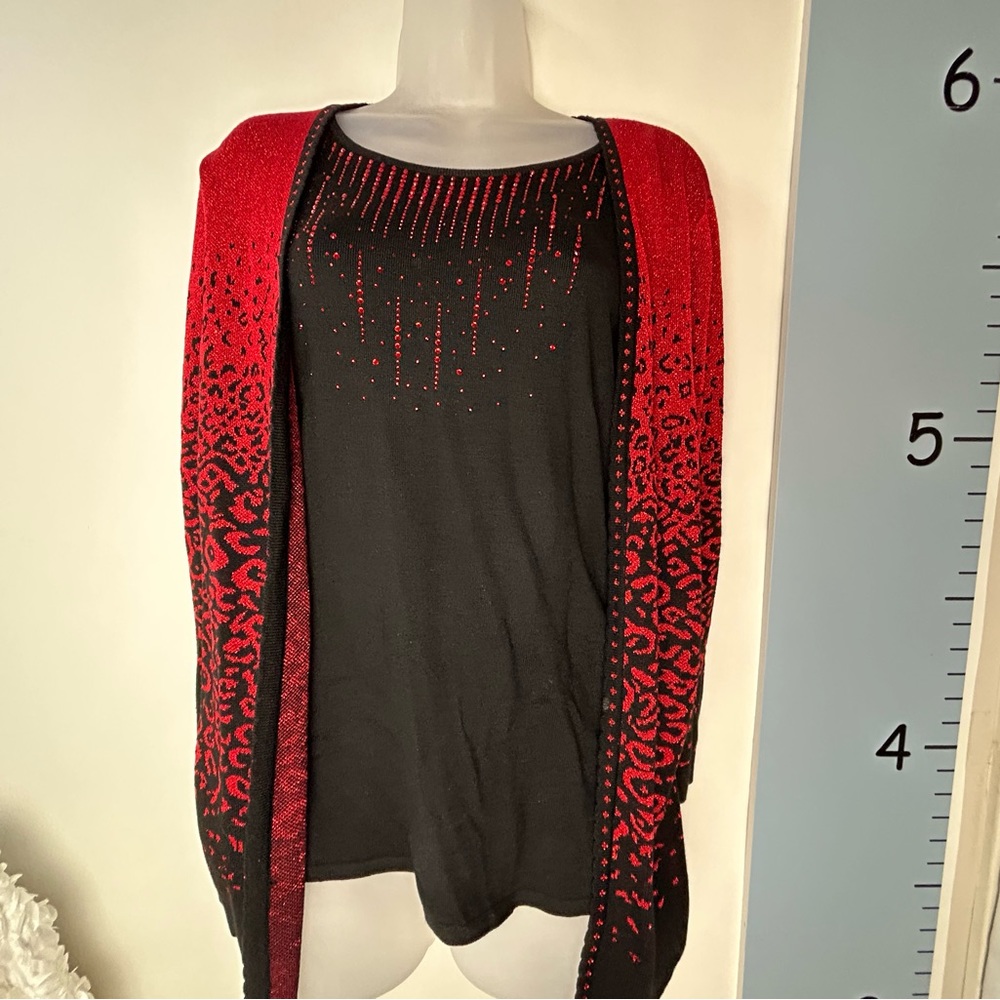 Alfred Dunner Witchy Red/Black Rhinestone‎ Layered Sweater Medium